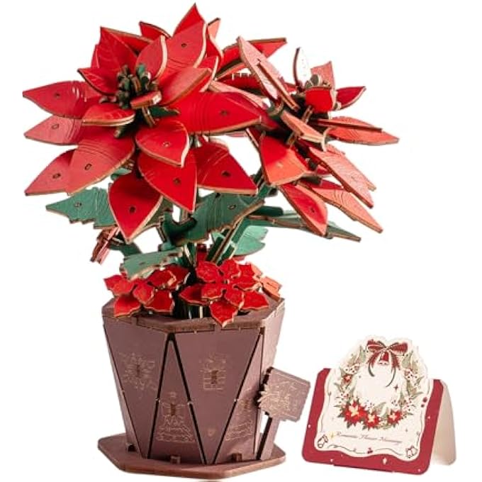 3D WOODEN PUZZLE RED POINSETTIA ARTIFICIAL FLOWER MODEL KIT HOME ACCESSORIES CRAFT KIT FOR ADULTS - Image 1